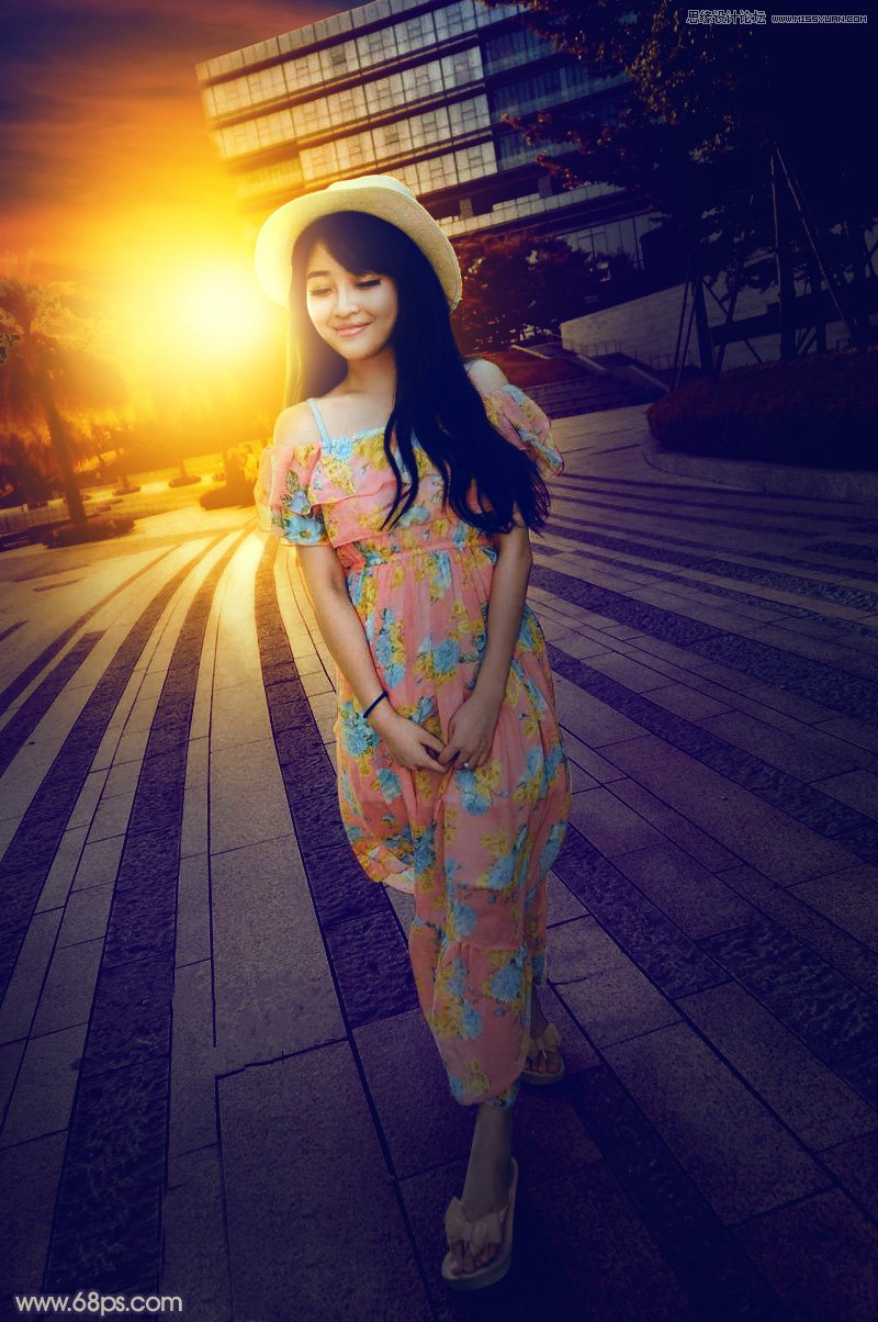 ps給公園外景人像添加夕陽光效效果