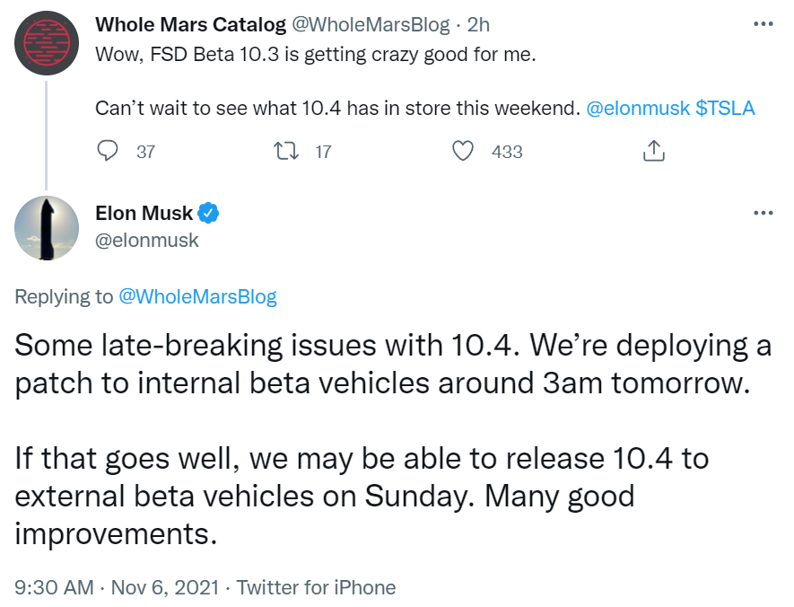 馬斯克：特斯拉內部測試車輛明天安裝 FSD 10.4，順利的話周日向用戶推出