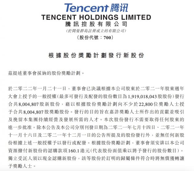 騰訊控股：向2.29萬員工授予合共8004807股獎勵股份