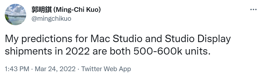 郭明錤：預計蘋果 Mac Studio 和 Studio Display 2022 年出貨量均為 50-60 萬臺